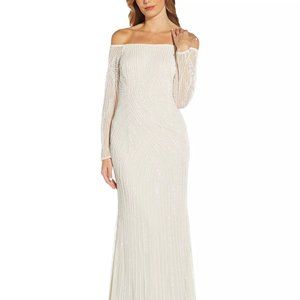 ADRIANNA PAPELL Embellished Off-The-Shoulder Gown Ivory Pearl Size 2